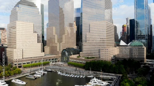 Aerial view of boats docked at the North Cove Marina (Hudson River) at Battery Park in Manhattan with Brookfield Place Complex and offices buildings on the background. New York, USA.