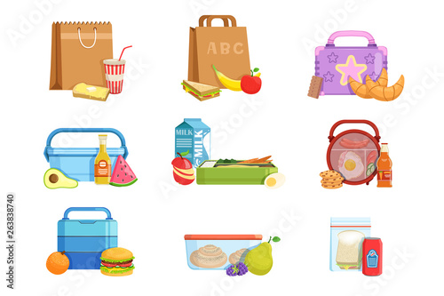 Flat vector set of school lunch boxes and bags with food and drinks. Tasty meal for kids