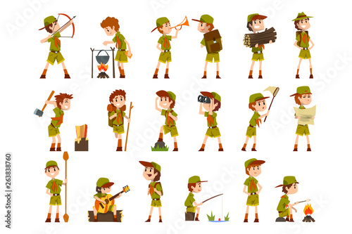 Scouting boys set  boy scouts with hiking equipment  summer camp activities vector Illustrations on a white background