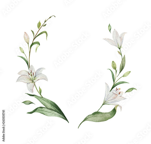 Watercolor vector wreath of Lily flowers and green leaves. photo