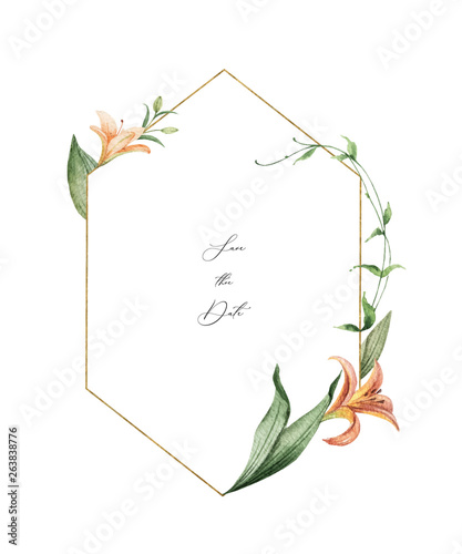 Watercolor vector wreath of orange Lily flowers and green leaves.