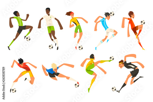 Soccer player set  football athletes playing  kicking  training and practicing vector Illustrations on a white background