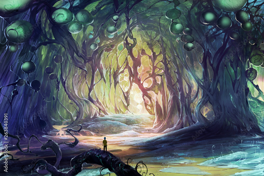 Naklejka premium Cyfrowa ilustracja fantasy przedstawiająca osobę zagubioną w magicznych jaskiniach, w których rosną dziwne, dziwne drzewa