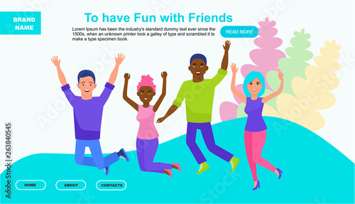 Website or landing page of friends in the jump. Multicultural friendship concept illustration. Vector illustration in a flat cartoon style