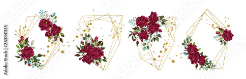 Wedding floral golden geometric triangular frame with bordo flowers roses
