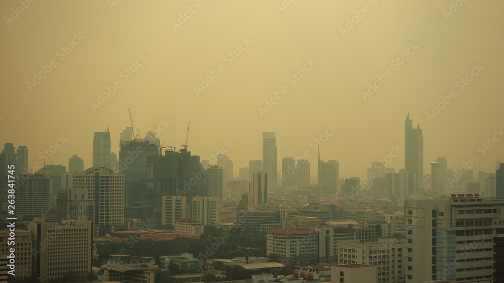 The landscape of Bangkok where the weather is covered with small dust, PM2.5 microns, has an air quality index (Aqi) that exceeds pollution standards.