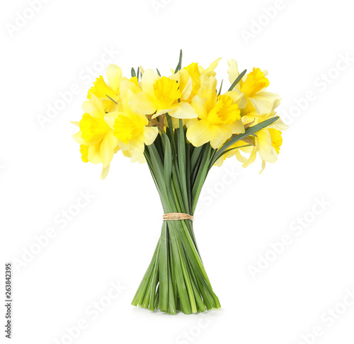 Fototapeta Naklejka Na Ścianę i Meble -  Bouquet of daffodils on white background. Fresh spring flowers
