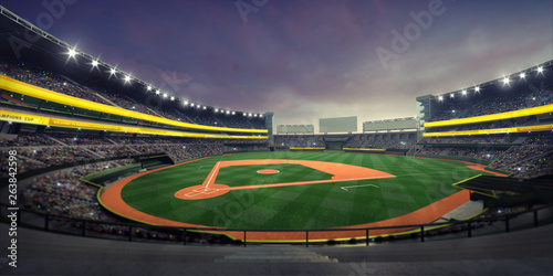 General view of illuminated baseball stadium and playground from the grandstand photo
