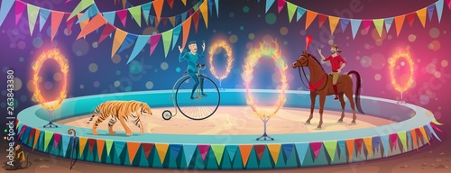 Circus acrobat equilibrist and animal tamer show