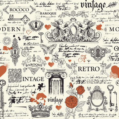 Vector seamless pattern, hand drawn background on the theme of vintage art objects, furniture and Antiques in retro style. Wallpaper, wrapping paper, textile, fabric or background for clothes