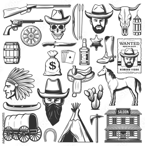 Wild West cowboy icons, American western items