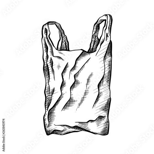 Black white line drawing of a plastic bag. Environmental pollution. Vector scribble drawing for your creativity.