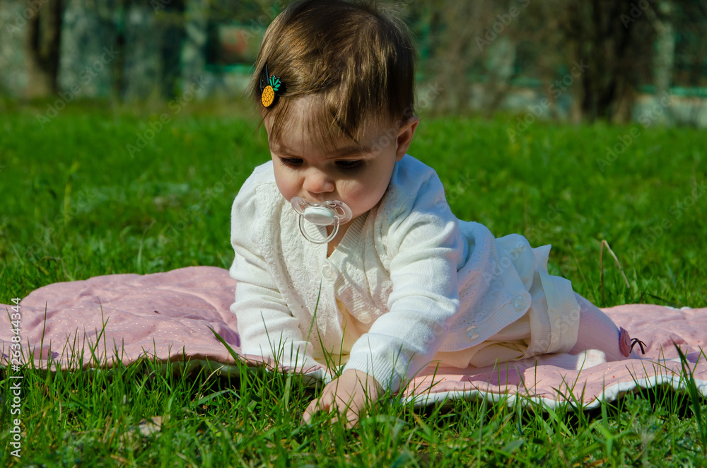 Baby in bright clothes on a pink plaid on green grass in the park. Newborn baby outside on a warm day. Little girl plays on a plaid on a green lawn in spring Baby in bright clothes on a pink plaid on green grass in the park. Newborn baby outside on a warm day. Little girl plays on a plaid on a green lawn in spring
