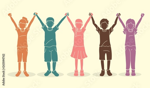 Group of children holding hands cartoon graphic vector.