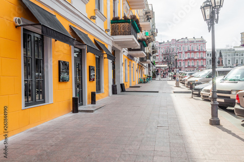 Yellow building, street, lantern