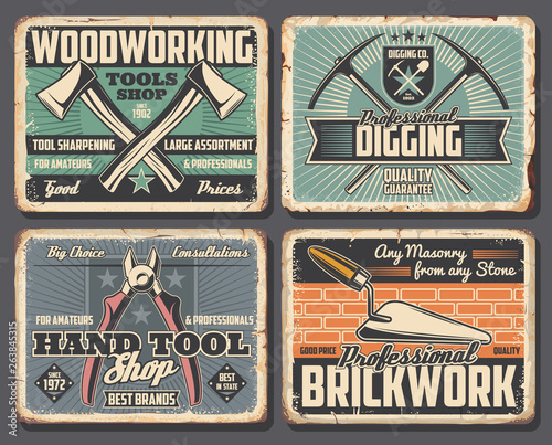 Repair, construction industry work tools posters