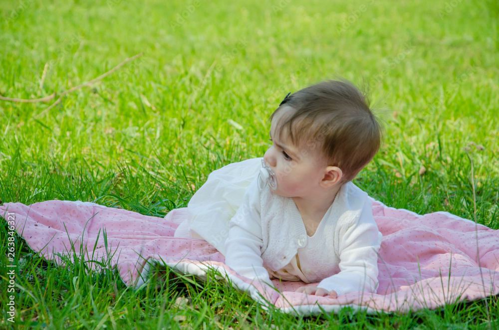 Baby in bright clothes on a pink plaid on green grass in the park. Newborn baby outside on a warm day. Little girl plays on a plaid on a green lawn in spring Baby in bright clothes on a pink plaid on green grass in the park. Newborn baby outside on a warm day. Little girl plays on a plaid on a green lawn in spring