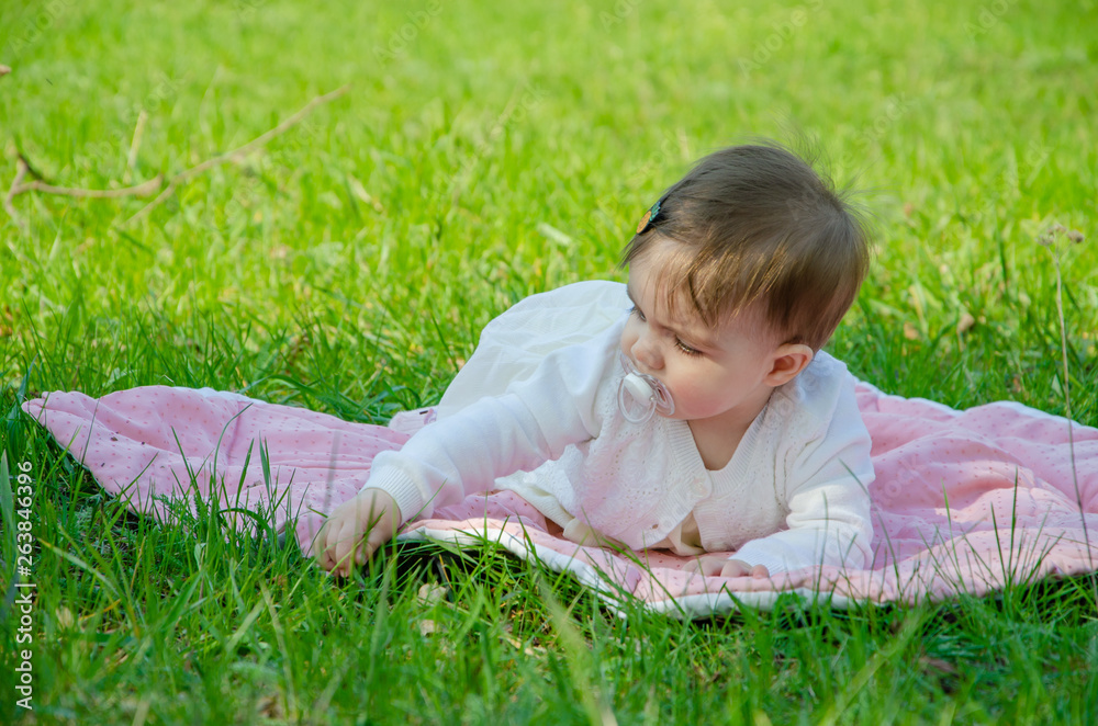 Baby in bright clothes on a pink plaid on green grass in the park. Newborn baby outside on a warm day. Little girl plays on a plaid on a green lawn in spring Baby in bright clothes on a pink plaid on green grass in the park. Newborn baby outside on a warm day. Little girl plays on a plaid on a green lawn in spring