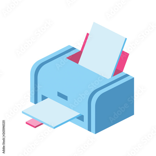 Printing on paper by computer printer, copier. Printing, plotter. Creative illustration idea. isometric 3d icon