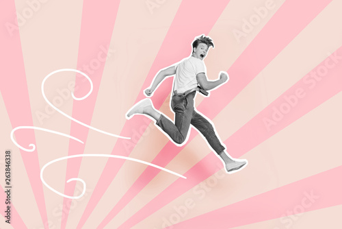Full length body size photo he his him guy jump high funky futuristic cartoon stylized illustration design painted into grey isolated colored pink circular vortex optical lines drawing background