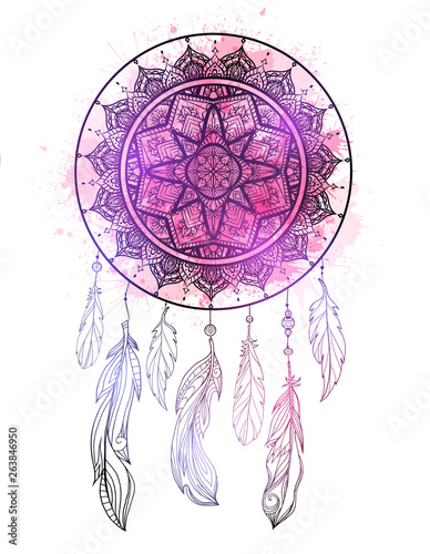 Mystical illustration of a dreamcatcher with a boho tracery pattern, feathers with purple watercolor splashes on white background. Vector magic tribal card for printing on t-shirt and your creativity.