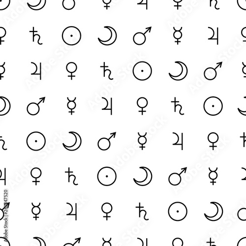 Astrological seamless pattern with planets symbols isolated on white