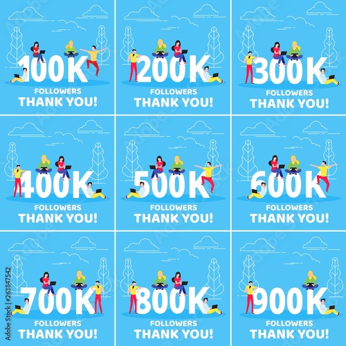 Thank you 100-900k followers numbers postcard set. Template for internet media and social network.