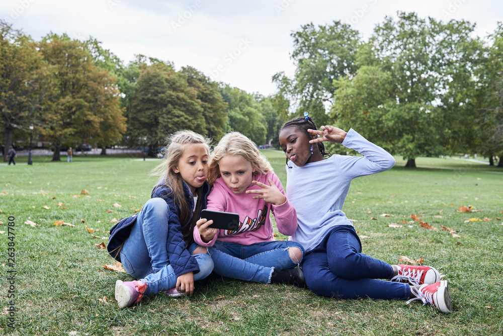 Multiethnic group of kids taking self-portrait at park. Multiethnic group of kids taking self-portrait at park.