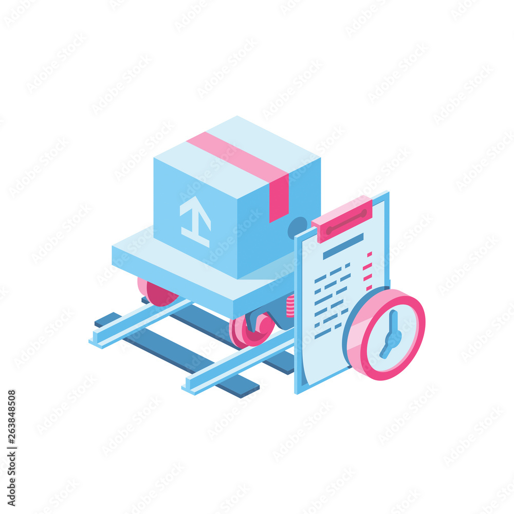 Cargo delivery by train 3d vector icon isometric pink and blue color minimalism illustrate