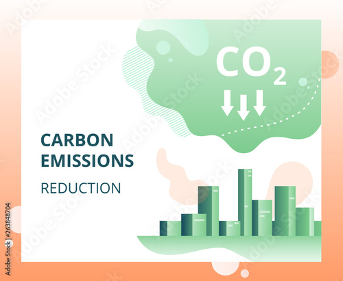 Carbon dioxide emissions reduction in the city.  Vector concept of ecology problem, generation and saving green energy.
