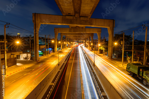 High view of blur light car traffic at the tunnel junction