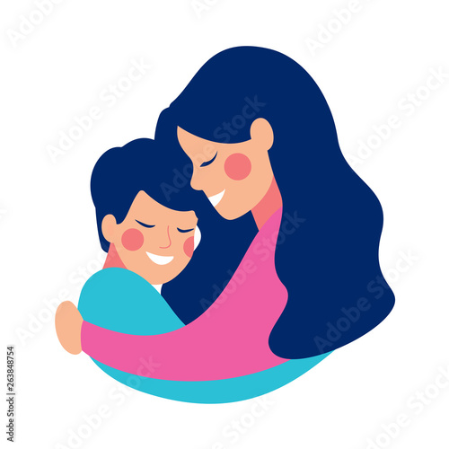 Side view of smilling young mother embracing her son with love. Vector illustration isolated from white