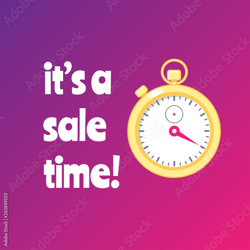 Sale banner with golden stopwatch on blight gradient background. Its a sale time. Vector illustration.