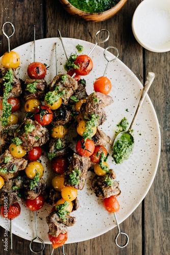 Skirt Steak Skewers with tomatoes and pesto photo