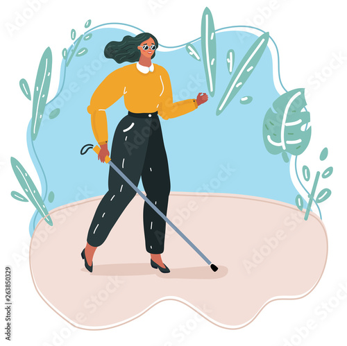 Blind person walking with stick vector silhouette illustration.