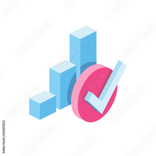 Сhart Rating Check mark 3d vector icon isometric pink and blue color minimalism illustrate