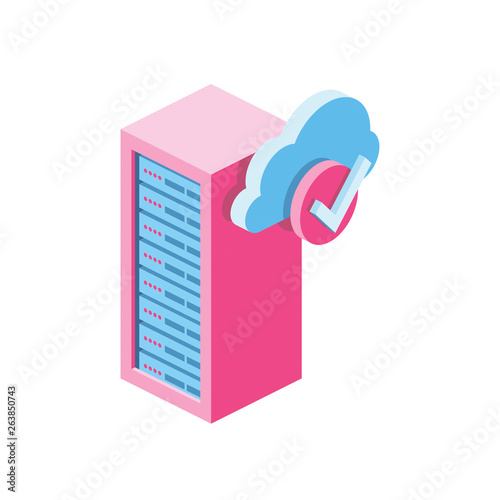 Server cloud check mark 3d vector icon isometric pink and blue color minimalism illustrate