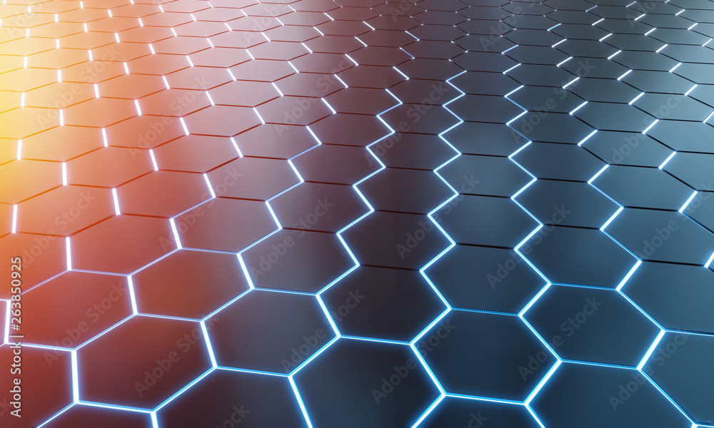 Glowing black blue and orange hexagons background pattern on silver metal surface 3D rendering Glowing black blue and orange hexagons background pattern on silver metal surface 3D rendering