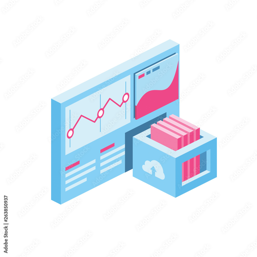 Big data abstract charts screen 3d vector icon isometric pink and blue color minimalism illustrate