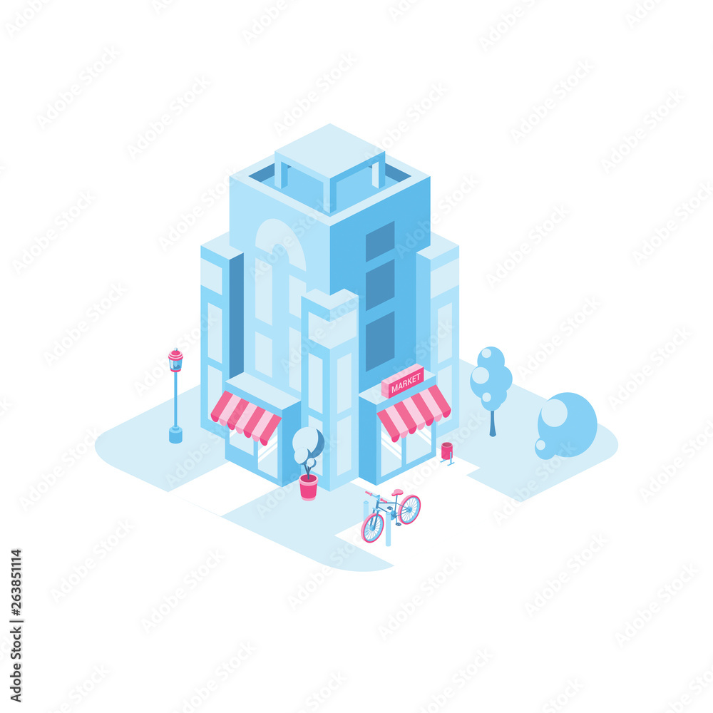 City building 3d vector icon isometric pink and blue color minimalism illustrate