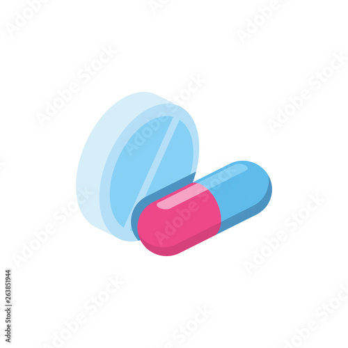 Pills Medicine 3d vector icon isometric pink and blue color minimalism illustrate