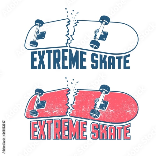 Broken skateboard emblem in vintage print style. Extreme skate sticker. Grunge distressed texture on a separate layer.