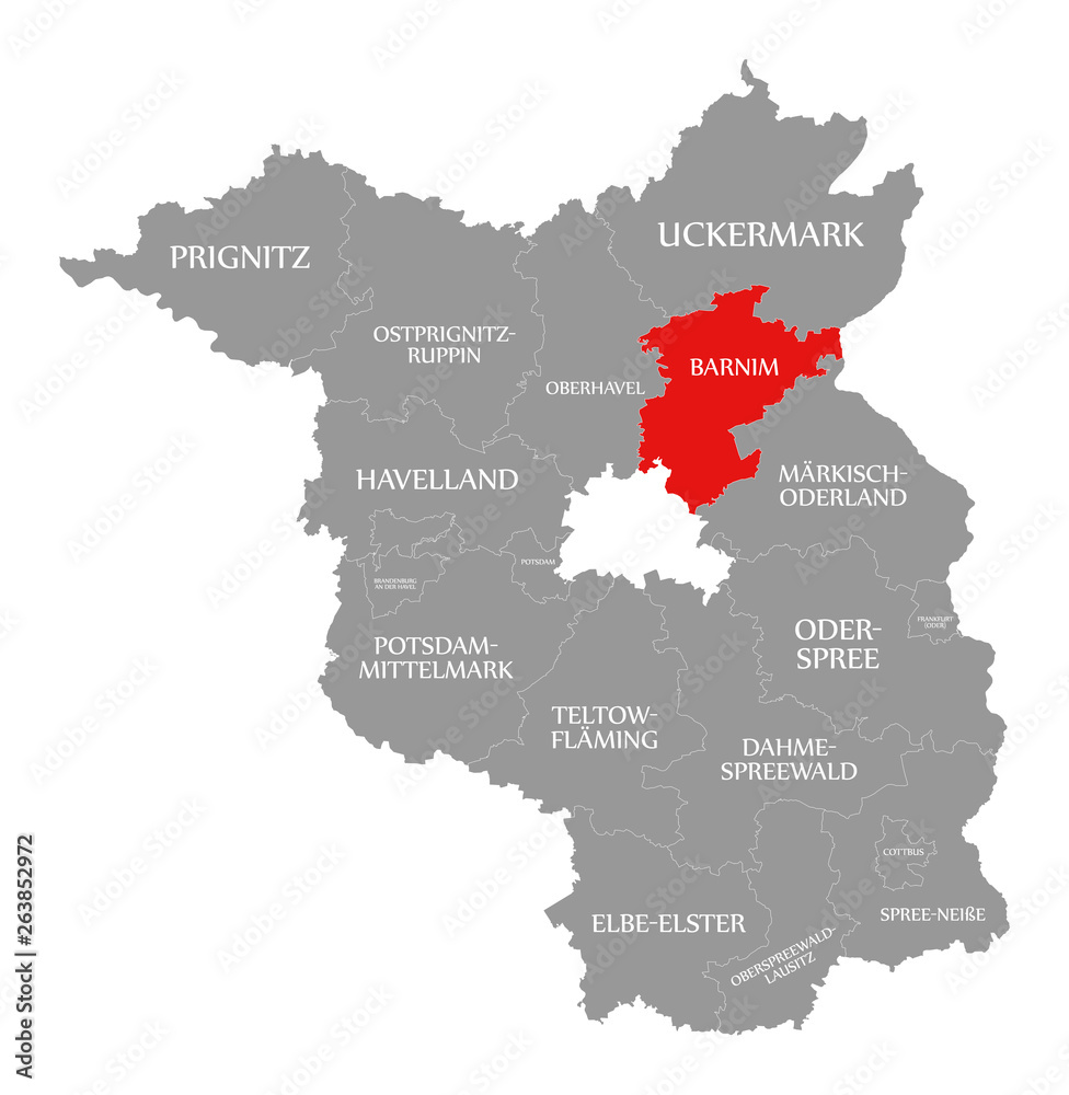 Barnim county red highlighted in map of Brandenburg Germany