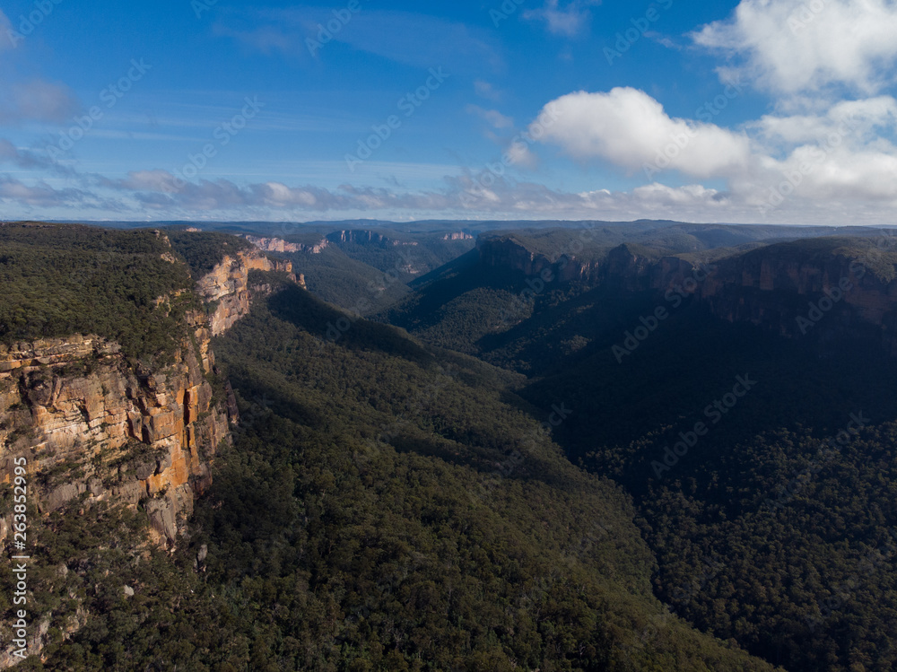 panoramic view in drone of the blue mountains in australia