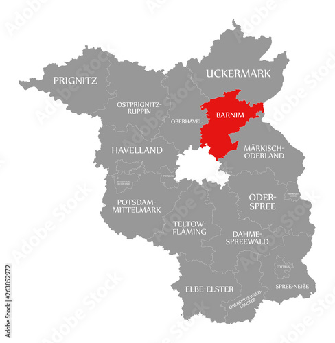 Barnim county red highlighted in map of Brandenburg Germany