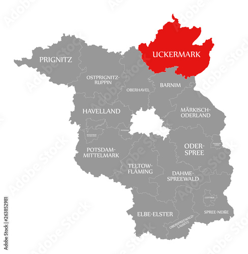 Uckermark county red highlighted in map of Brandenburg Germany