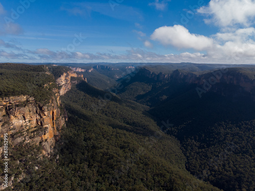 panoramic view in drone of the blue mountains in australia