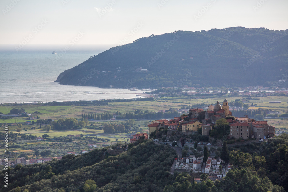 View to bocca di magra and Medieval town Liguria italy