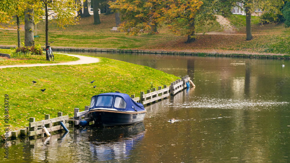 A boat on the city lake, autumn, along with cars parked on the street, white residential buildings and green grass.