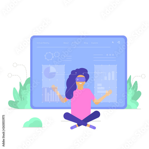 Virtual reality concept for landing page design with character of woman wearing goggle headset and touching vr interface